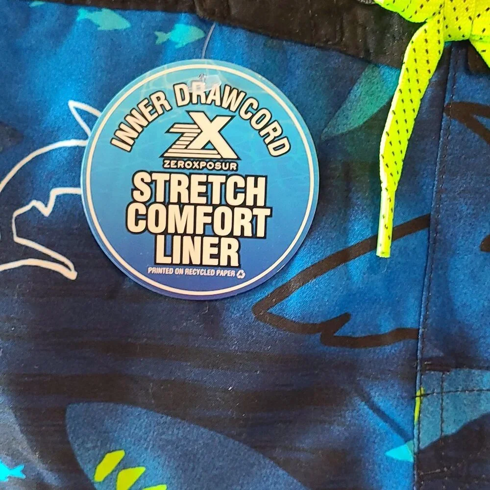 ZEROXPOSUR SWIM SHORTS & GOGGLES-UPF50+-TEAL SHARK MOTIF-SIZE 6/7